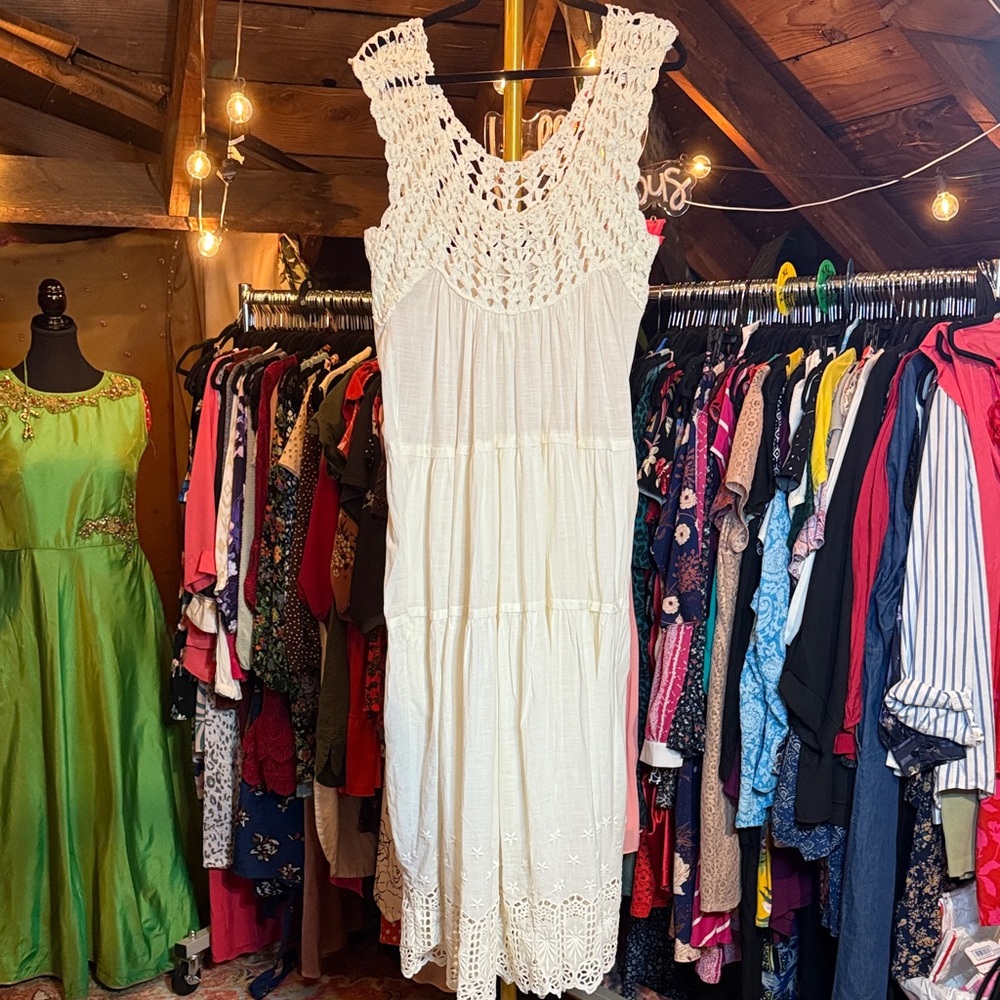 THE GREAT. Ivory Crochet Midi Dress